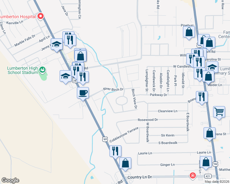 map of restaurants, bars, coffee shops, grocery stores, and more near 412 River Birch Drive in Lumberton
