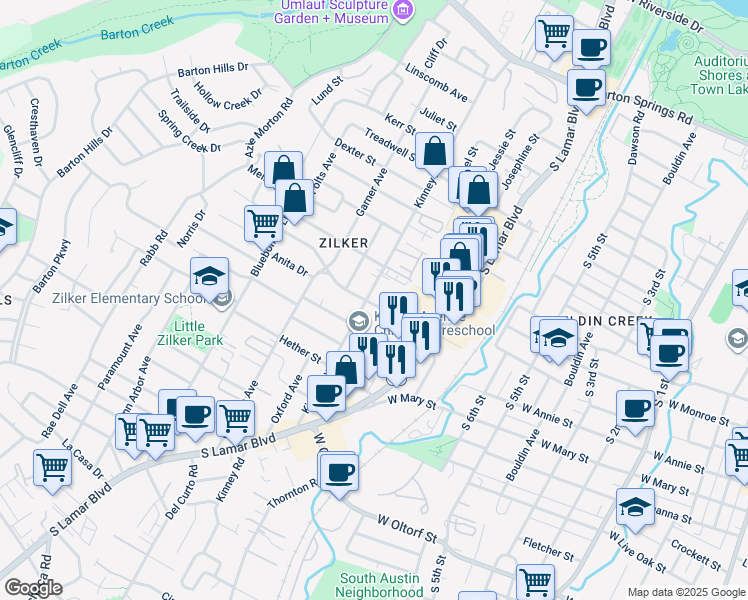 map of restaurants, bars, coffee shops, grocery stores, and more near 1605 Kinney Avenue in Austin