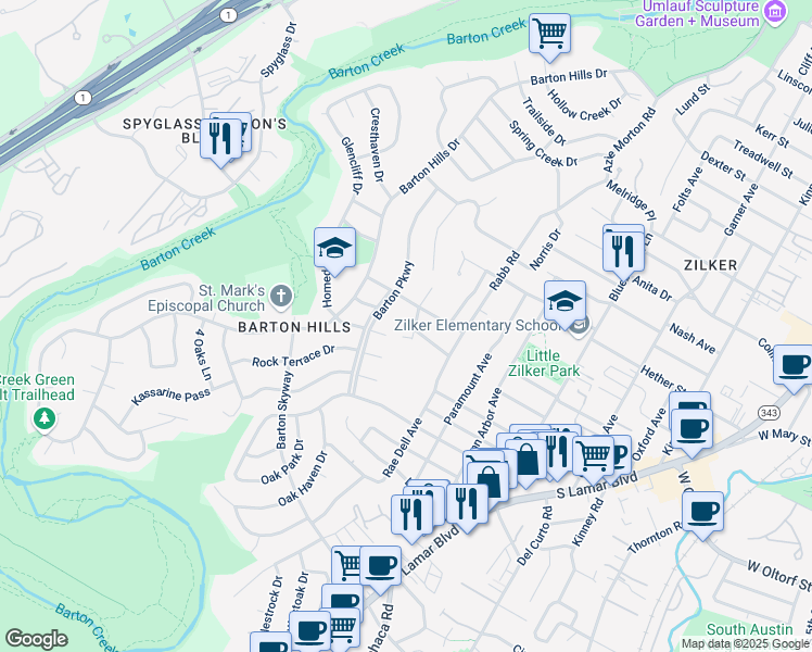 map of restaurants, bars, coffee shops, grocery stores, and more near 2106 Airole Way in Austin