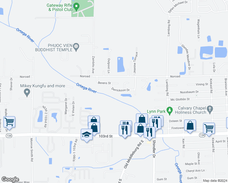 map of restaurants, bars, coffee shops, grocery stores, and more near 9004 Derrickson Drive in Jacksonville