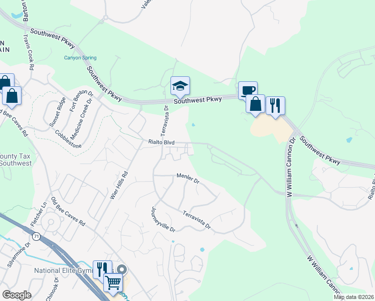 map of restaurants, bars, coffee shops, grocery stores, and more near 7701 Rialto Boulevard in Austin