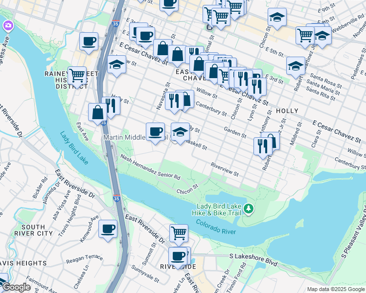 map of restaurants, bars, coffee shops, grocery stores, and more near 1601 Haskell Street in Austin