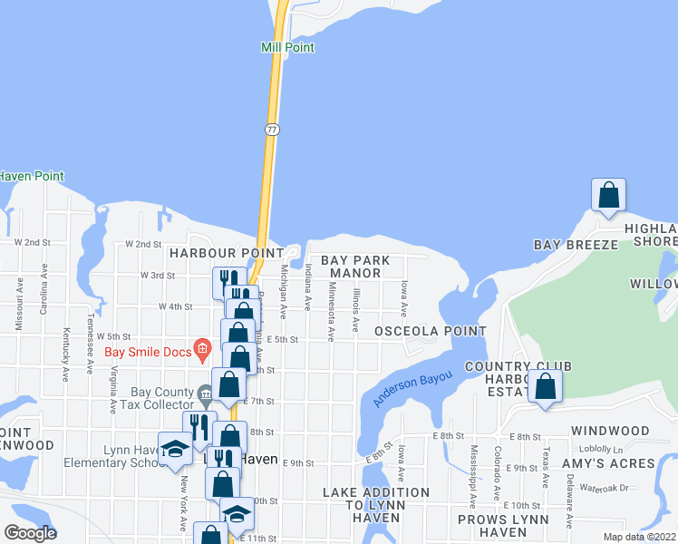 map of restaurants, bars, coffee shops, grocery stores, and more near 502 East 3rd Street in Lynn Haven
