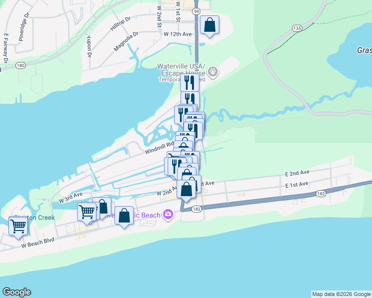 map of restaurants, bars, coffee shops, grocery stores, and more near 109 Windmill Ridge Road in Gulf Shores