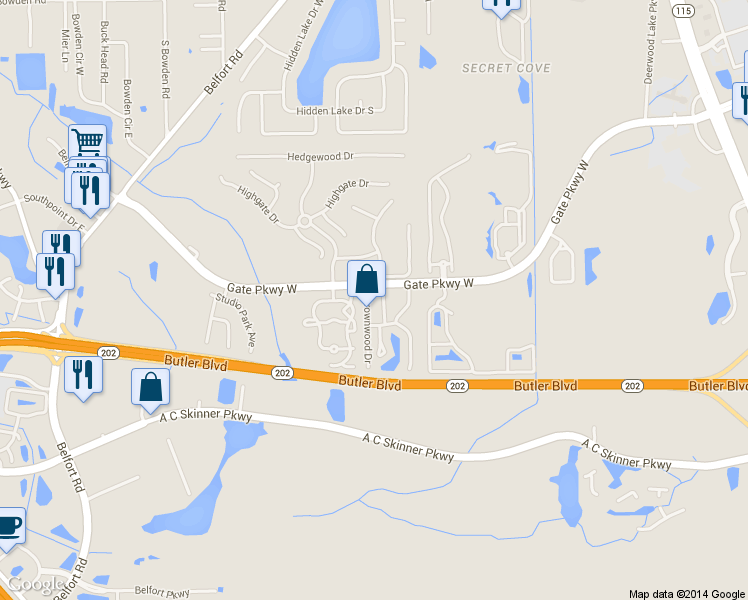 map of restaurants, bars, coffee shops, grocery stores, and more near 4100 Crownwood Drive in Jacksonville