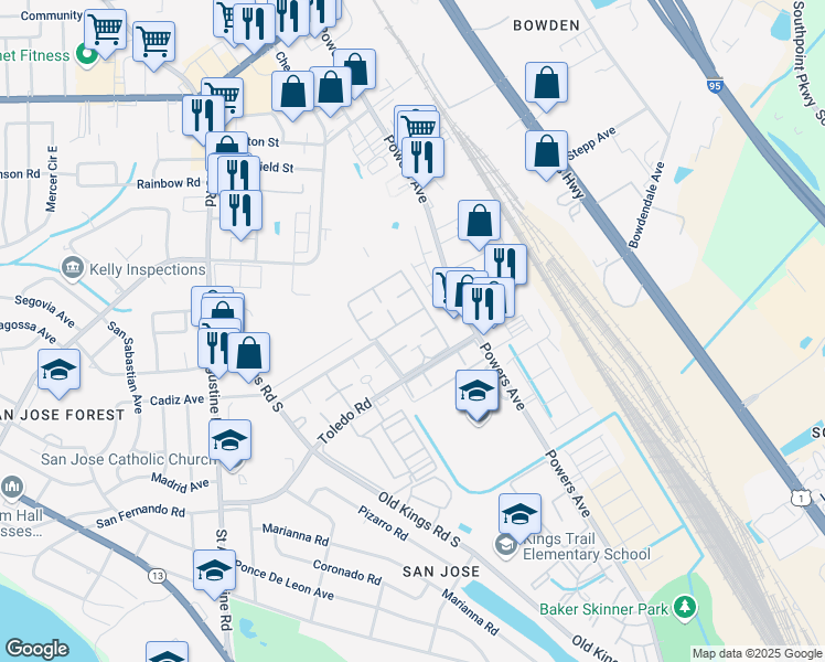 map of restaurants, bars, coffee shops, grocery stores, and more near 6616 La Mirada Drive East in Jacksonville