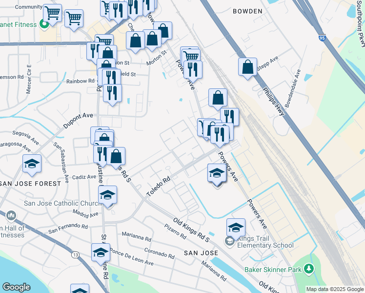 map of restaurants, bars, coffee shops, grocery stores, and more near 6550 Mission Court in Jacksonville