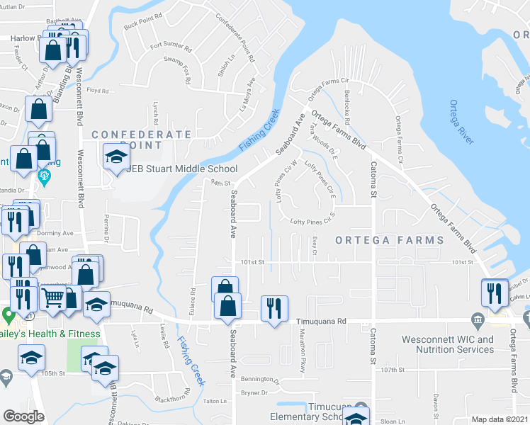 map of restaurants, bars, coffee shops, grocery stores, and more near 5009 Kimbrell Drive South in Jacksonville