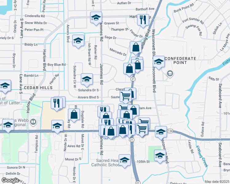 map of restaurants, bars, coffee shops, grocery stores, and more near 6301 Claret Drive in Jacksonville