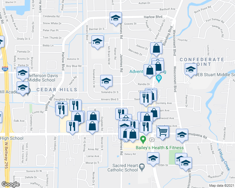 map of restaurants, bars, coffee shops, grocery stores, and more near 6437 Solandra Drive South in Jacksonville