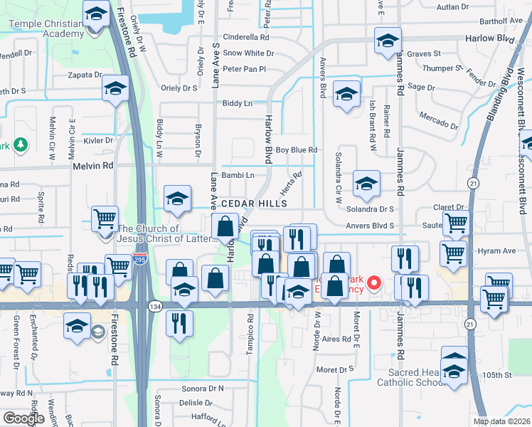 map of restaurants, bars, coffee shops, grocery stores, and more near in Jacksonville