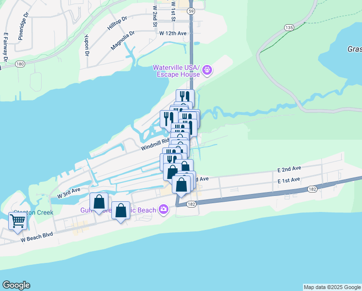 map of restaurants, bars, coffee shops, grocery stores, and more near 109 Windmill Ridge Road in Gulf Shores