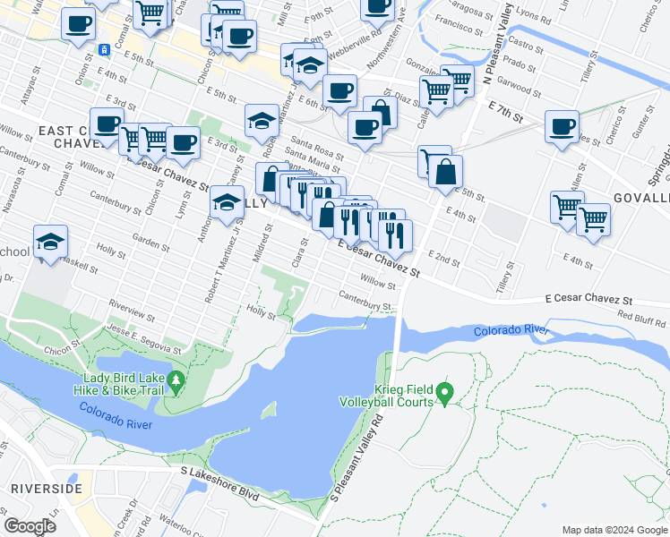 map of restaurants, bars, coffee shops, grocery stores, and more near 2512 Willow Street in Austin
