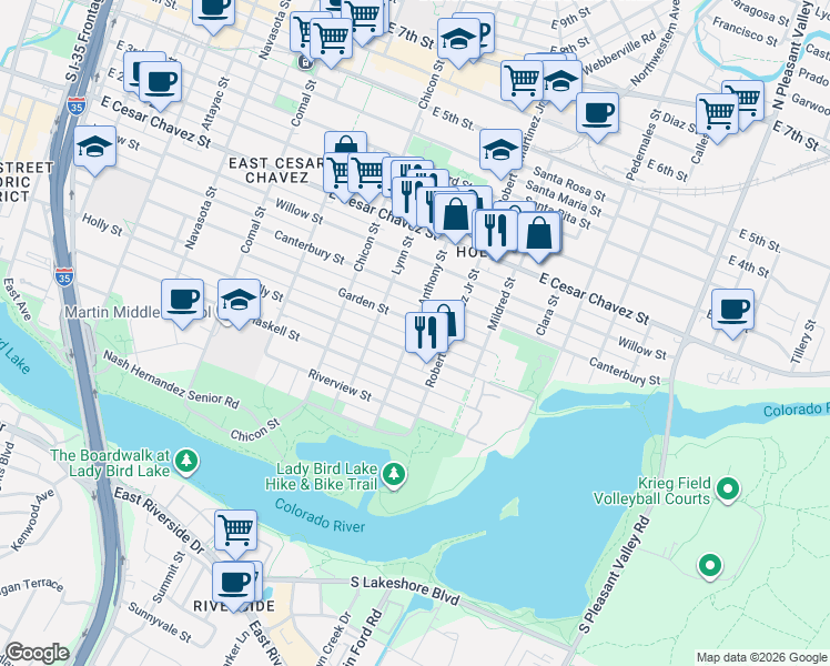 map of restaurants, bars, coffee shops, grocery stores, and more near 2015 Garden Street in Austin