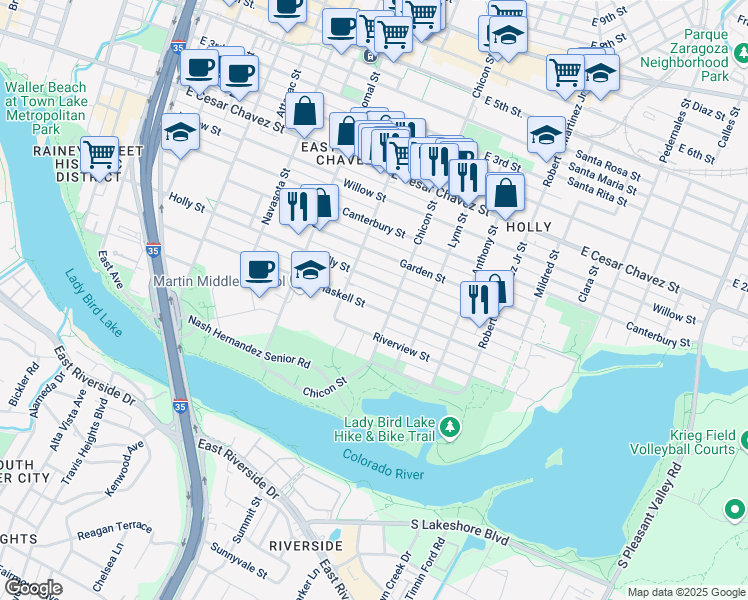 map of restaurants, bars, coffee shops, grocery stores, and more near 1704 Haskell Street in Austin