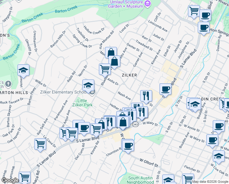 map of restaurants, bars, coffee shops, grocery stores, and more near 1810 Ford Street in Austin