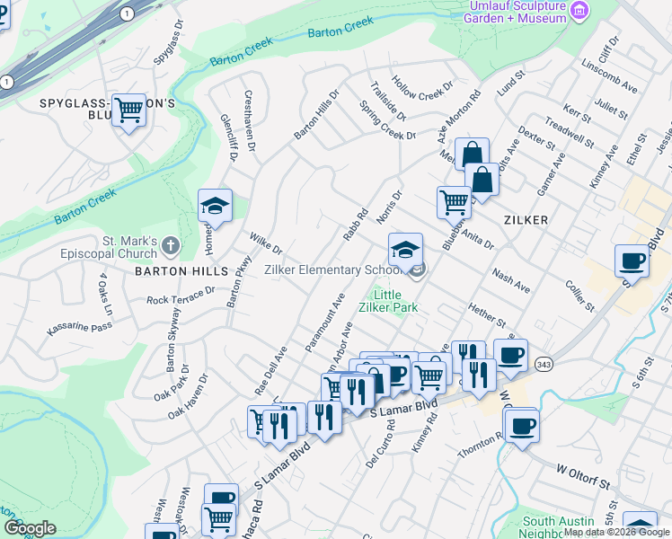 map of restaurants, bars, coffee shops, grocery stores, and more near 1913 Rabb Road in Austin