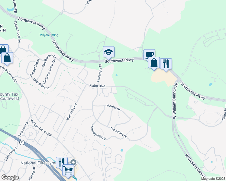 map of restaurants, bars, coffee shops, grocery stores, and more near 7701 Rialto Boulevard in Austin