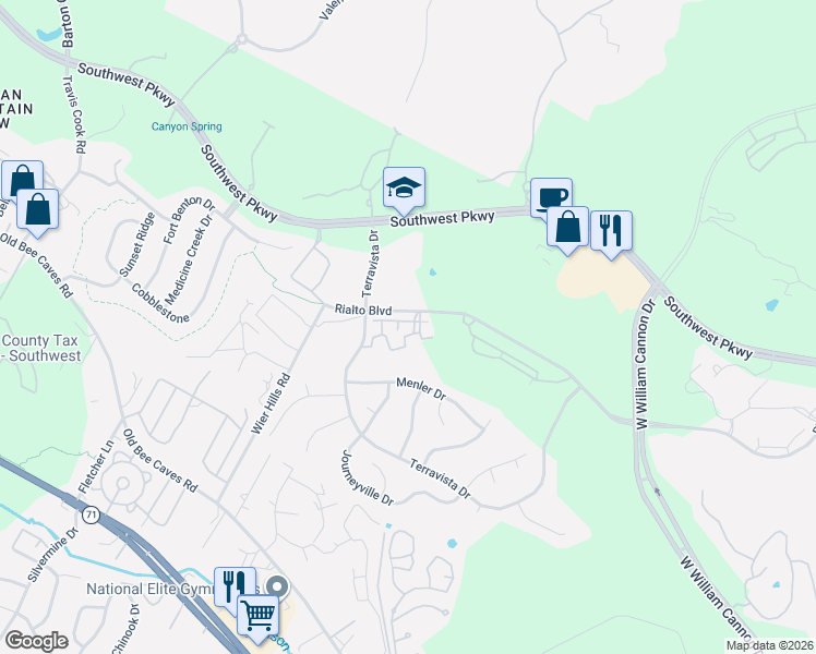 map of restaurants, bars, coffee shops, grocery stores, and more near 7701 Rialto Boulevard in Austin