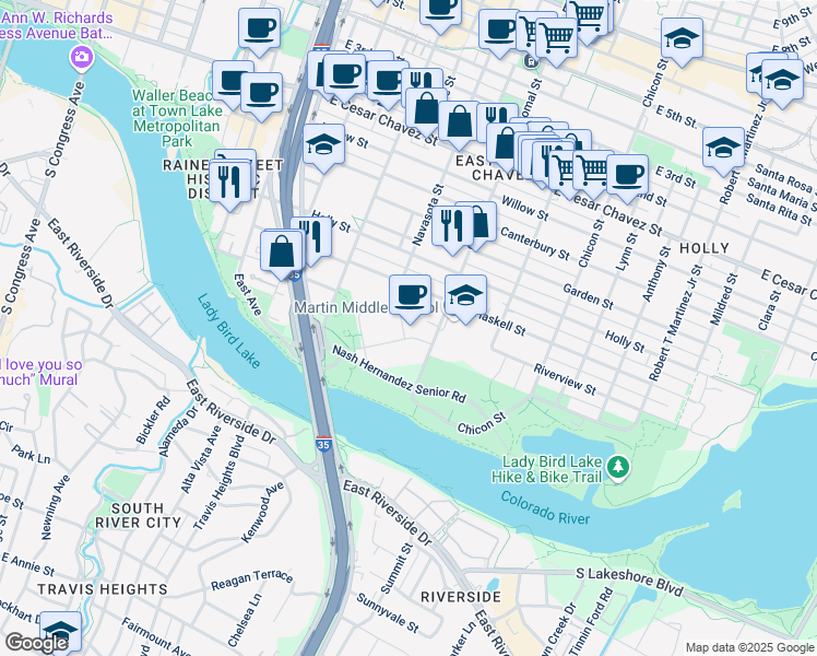 map of restaurants, bars, coffee shops, grocery stores, and more near 41 Navasota Street in Austin