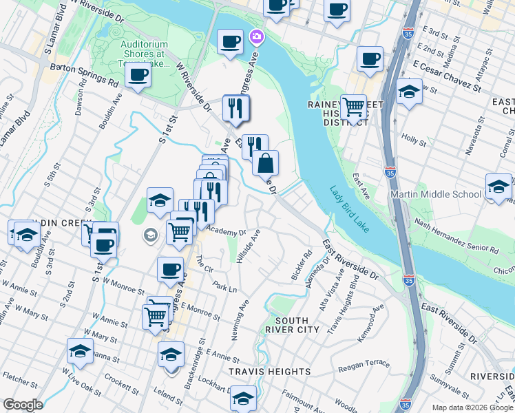 map of restaurants, bars, coffee shops, grocery stores, and more near 300 Le Grande Avenue in Austin
