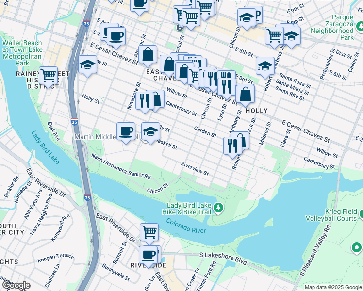 map of restaurants, bars, coffee shops, grocery stores, and more near 1704 Haskell Street in Austin