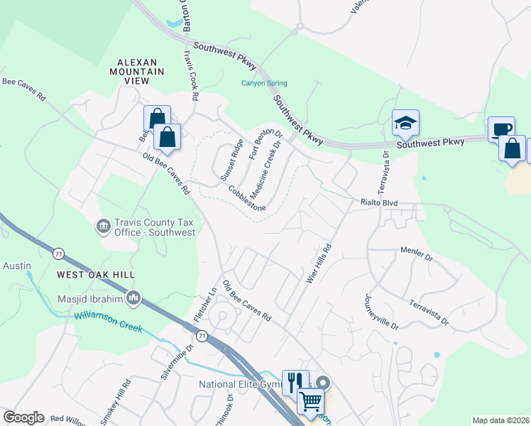 map of restaurants, bars, coffee shops, grocery stores, and more near 8201 Cobblestone in Austin