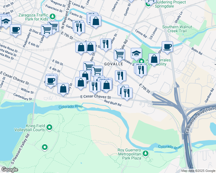 map of restaurants, bars, coffee shops, grocery stores, and more near 4709 East 5th Street in Austin