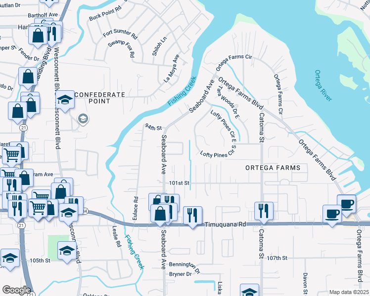 map of restaurants, bars, coffee shops, grocery stores, and more near 5025 Kimbrell Drive East in Jacksonville