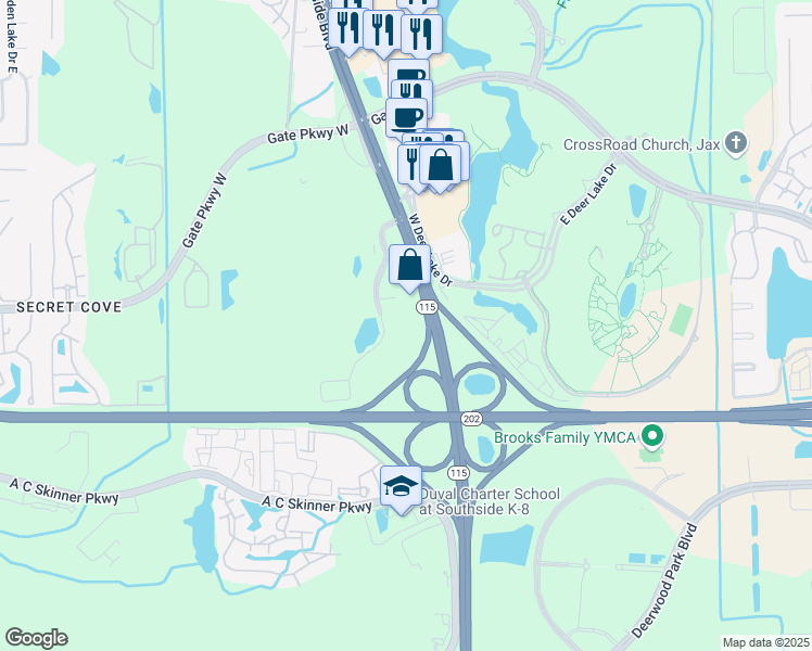 map of restaurants, bars, coffee shops, grocery stores, and more near 8801 Perimeter Park Boulevard in Jacksonville