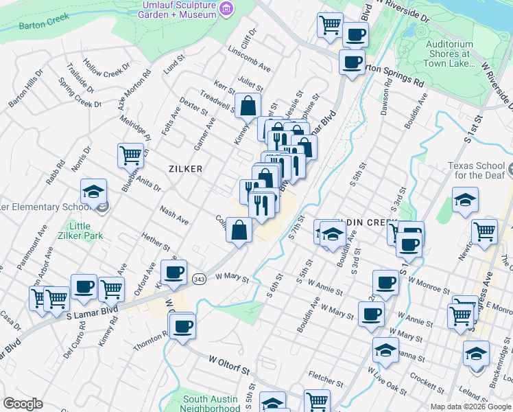 map of restaurants, bars, coffee shops, grocery stores, and more near 1414 South Lamar Boulevard in Austin
