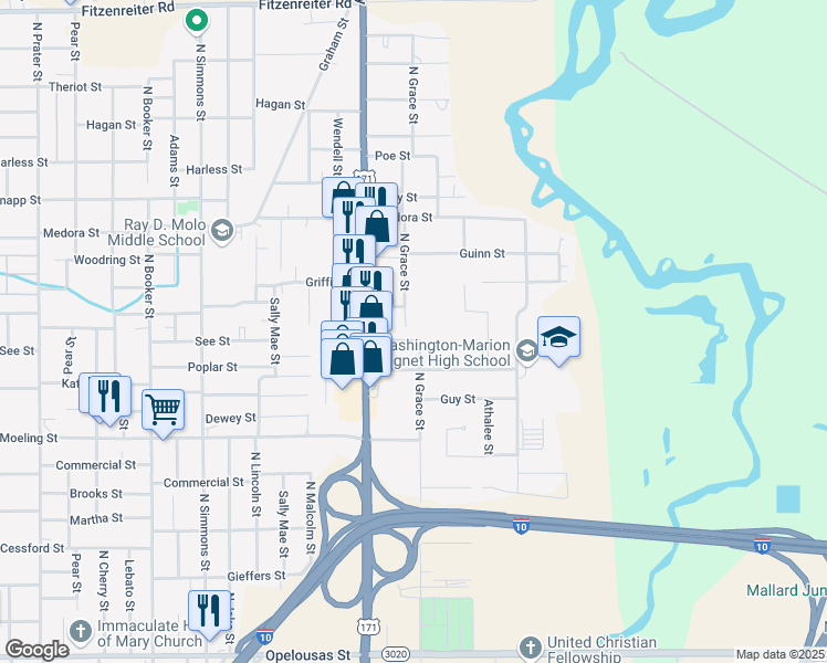 map of restaurants, bars, coffee shops, grocery stores, and more near 2619 Blackwell St in Lake Charles