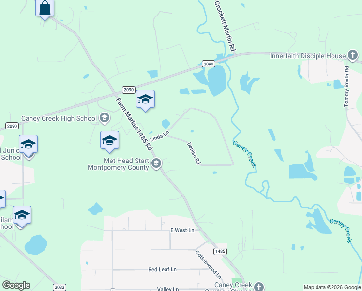 map of restaurants, bars, coffee shops, grocery stores, and more near 17180 Denise Road in Conroe