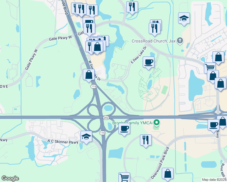 map of restaurants, bars, coffee shops, grocery stores, and more near 4884 East Deer Lake Drive in Jacksonville