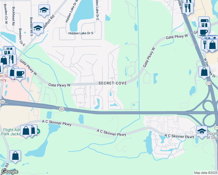 map of restaurants, bars, coffee shops, grocery stores, and more near 8450 Gate Parkway West in Jacksonville