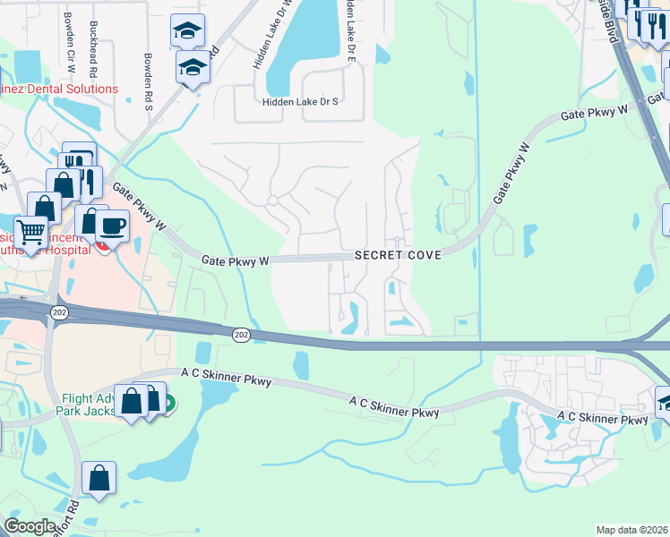map of restaurants, bars, coffee shops, grocery stores, and more near 4100 Crownwood Drive in Jacksonville