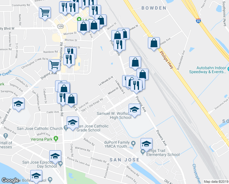 map of restaurants, bars, coffee shops, grocery stores, and more near 6616 La Mirada Drive East in Jacksonville