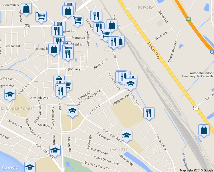 map of restaurants, bars, coffee shops, grocery stores, and more near 6550 Mission Court in Jacksonville