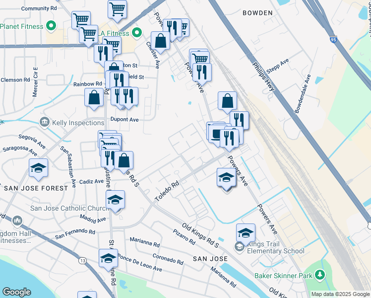map of restaurants, bars, coffee shops, grocery stores, and more near 6550 Mission Court in Jacksonville