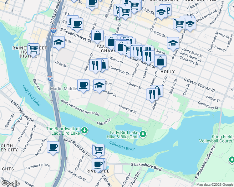 map of restaurants, bars, coffee shops, grocery stores, and more near 1704 Haskell Street in Austin