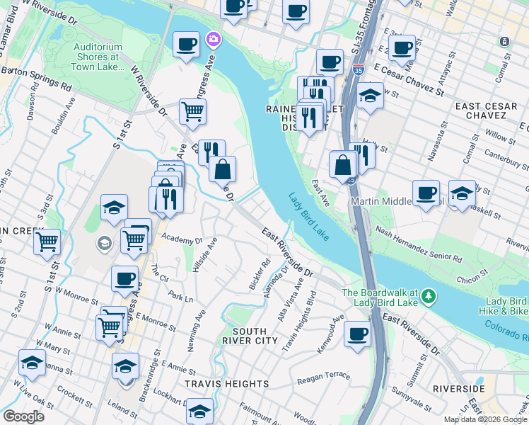 map of restaurants, bars, coffee shops, grocery stores, and more near 512 East Riverside Drive in Austin