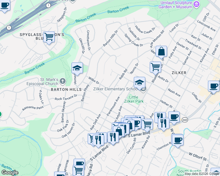 map of restaurants, bars, coffee shops, grocery stores, and more near 2006 Arthur Lane in Austin