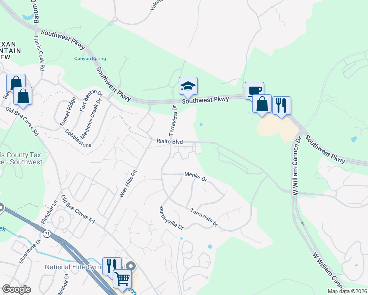 map of restaurants, bars, coffee shops, grocery stores, and more near 7701 Rialto Boulevard in Austin