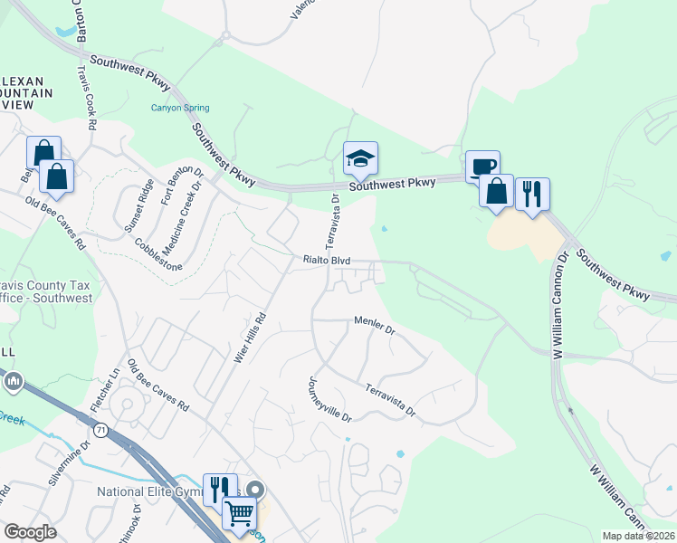 map of restaurants, bars, coffee shops, grocery stores, and more near 7701 Rialto Boulevard in Austin
