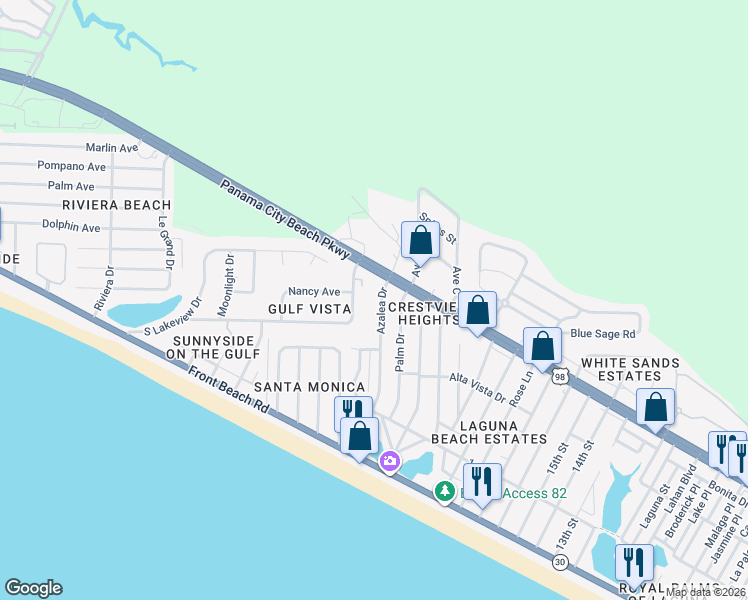 map of restaurants, bars, coffee shops, grocery stores, and more near 359 Azalea Drive in Panama City Beach