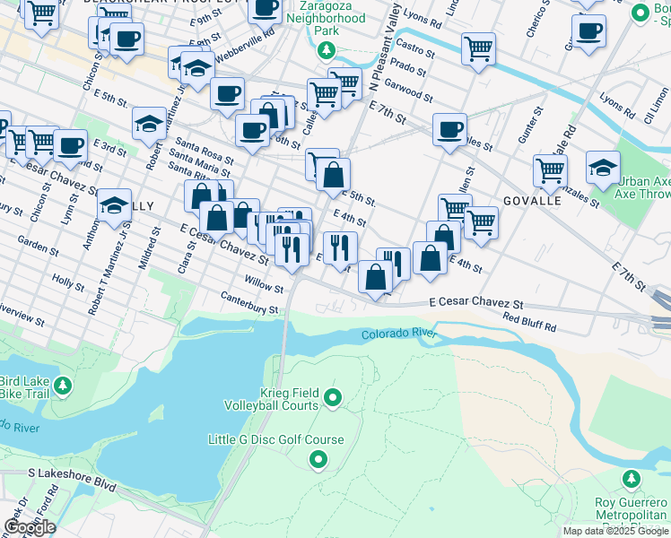map of restaurants, bars, coffee shops, grocery stores, and more near 2901 East 2nd Street in Austin