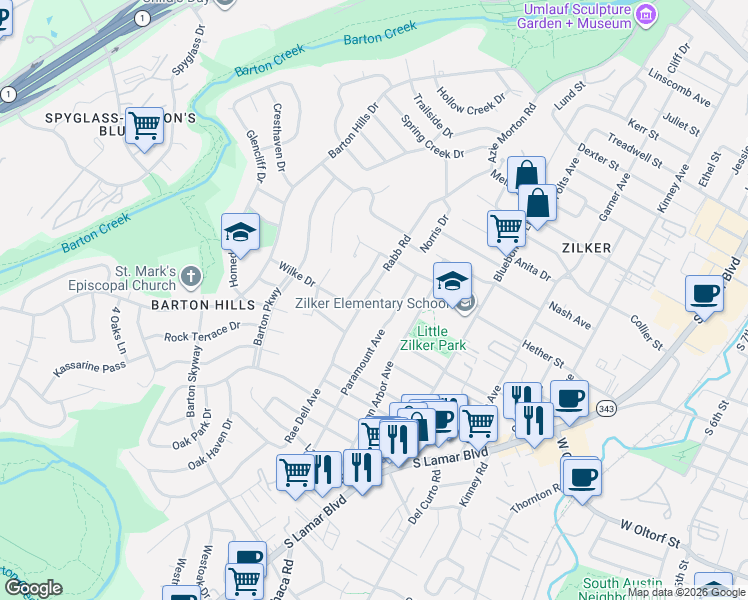 map of restaurants, bars, coffee shops, grocery stores, and more near 2003 Rabb Road in Austin