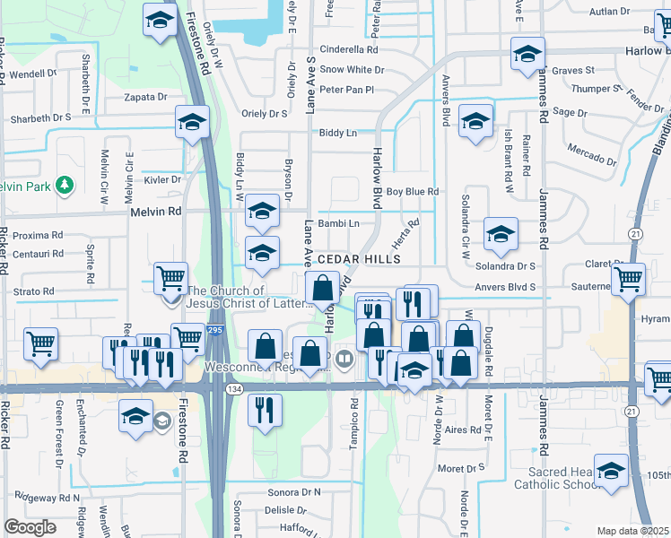 map of restaurants, bars, coffee shops, grocery stores, and more near 6840 Londonbridge Lane in Jacksonville
