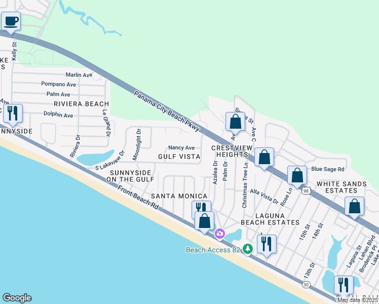 map of restaurants, bars, coffee shops, grocery stores, and more near 200 Nancy Avenue in Panama City Beach