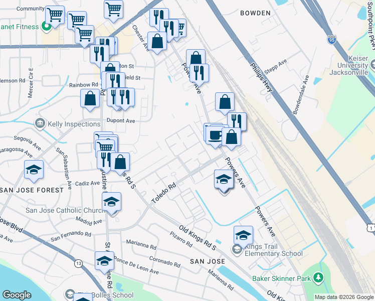 map of restaurants, bars, coffee shops, grocery stores, and more near 6550 Mission Court in Jacksonville